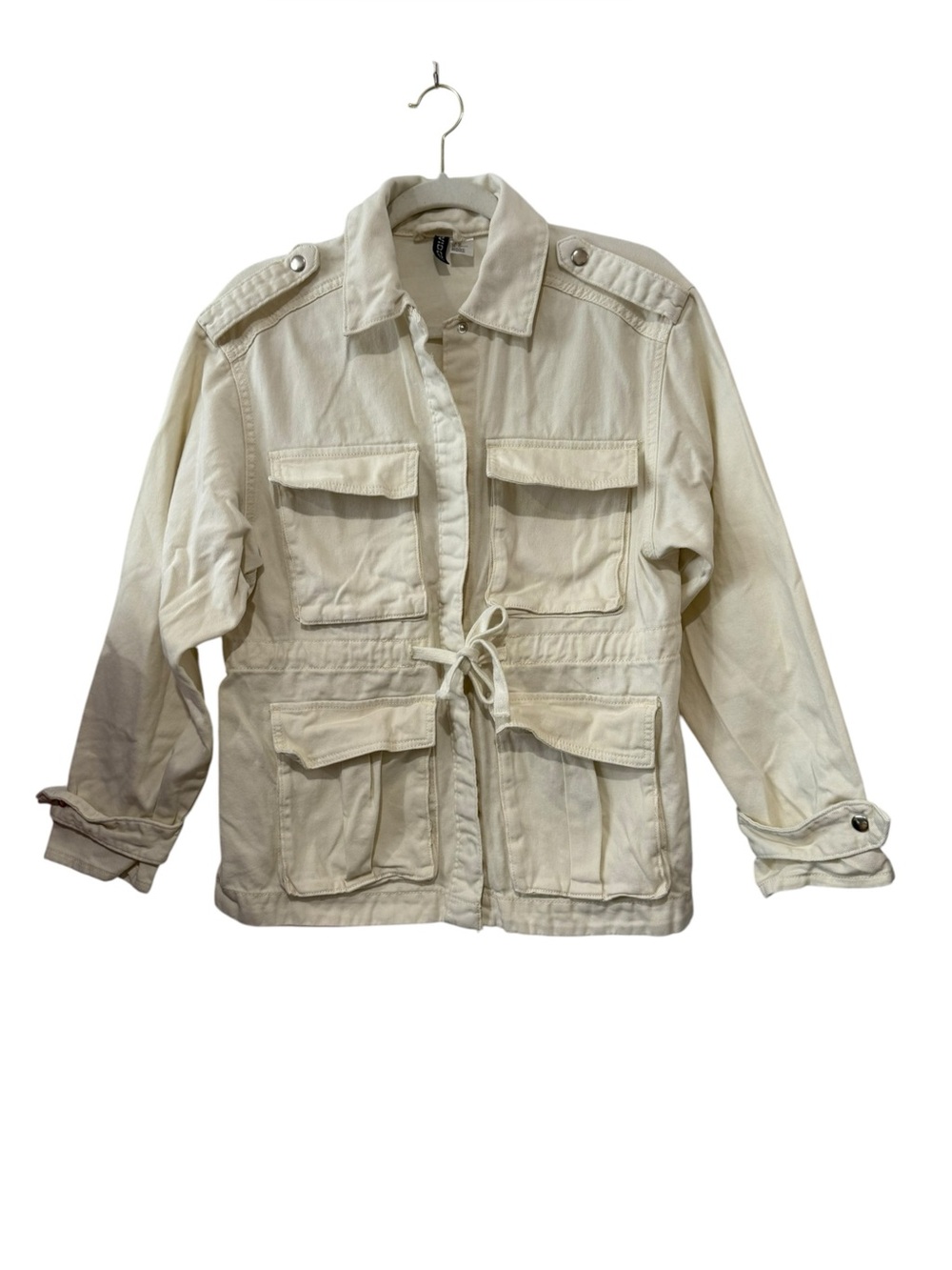 H&M Divided Cream Utility Denim Jacket Cotton Cropped Cargo Drawstring XS